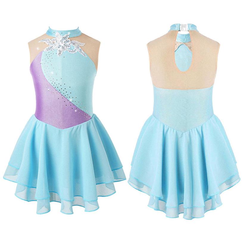 Manyakai Strass Pailletten Figuur Schaatsen Jurk voor Meisjes Kids Ballet Dans Jurk Kind Gymnastiek Lyrische Dans Jurk Kostuums 7-8 Years lichtblauwe kleur