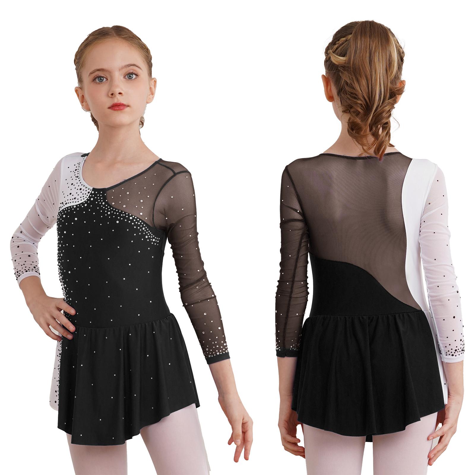 Fldy Kinderen Meisjes Lange Mouw Glanzende Strass Gymnastiek Turnpakje Ballet Dans Kostuums Figuur Schaatsen Jurk 9-10 Years