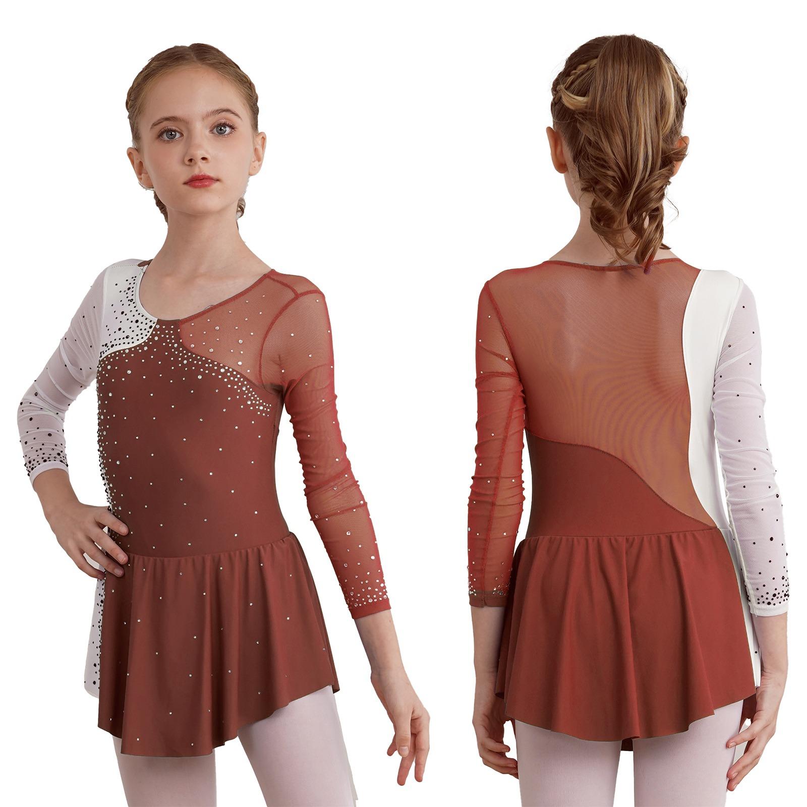 Fldy Kinderen Meisjes Lange Mouw Glanzende Strass Gymnastiek Turnpakje Ballet Dans Kostuums Figuur Schaatsen Jurk 7-8 Years bruin