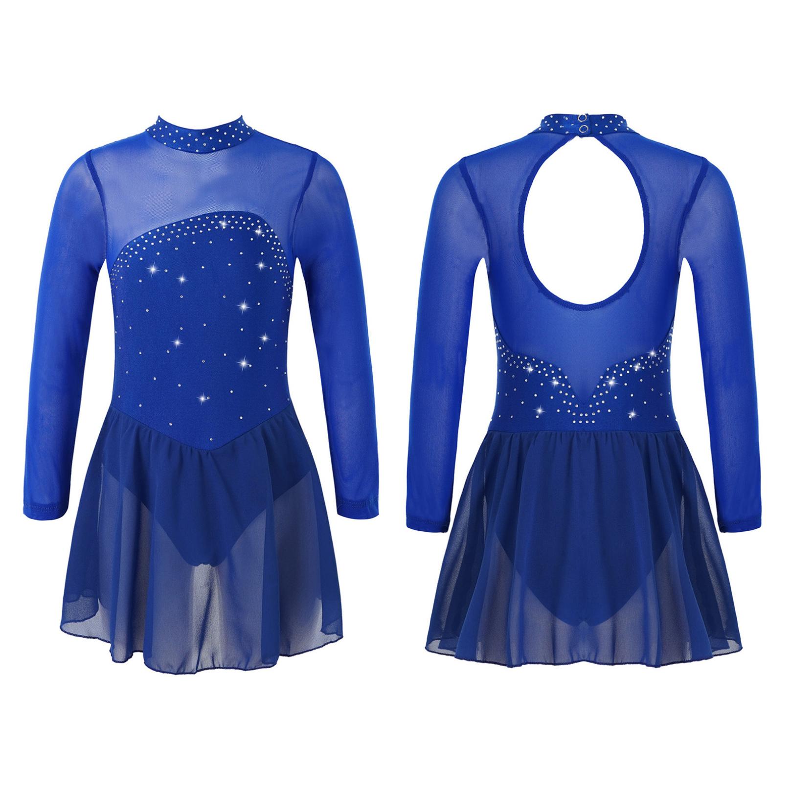 Inhzoy Kinderen Meisjes Kunstschaatsen Dans Jurk Lange Mouw Glanzende Strass Mesh Ballet Gymnastiek Turnpakje Jurken Competitie Danskleding 13-14 Years