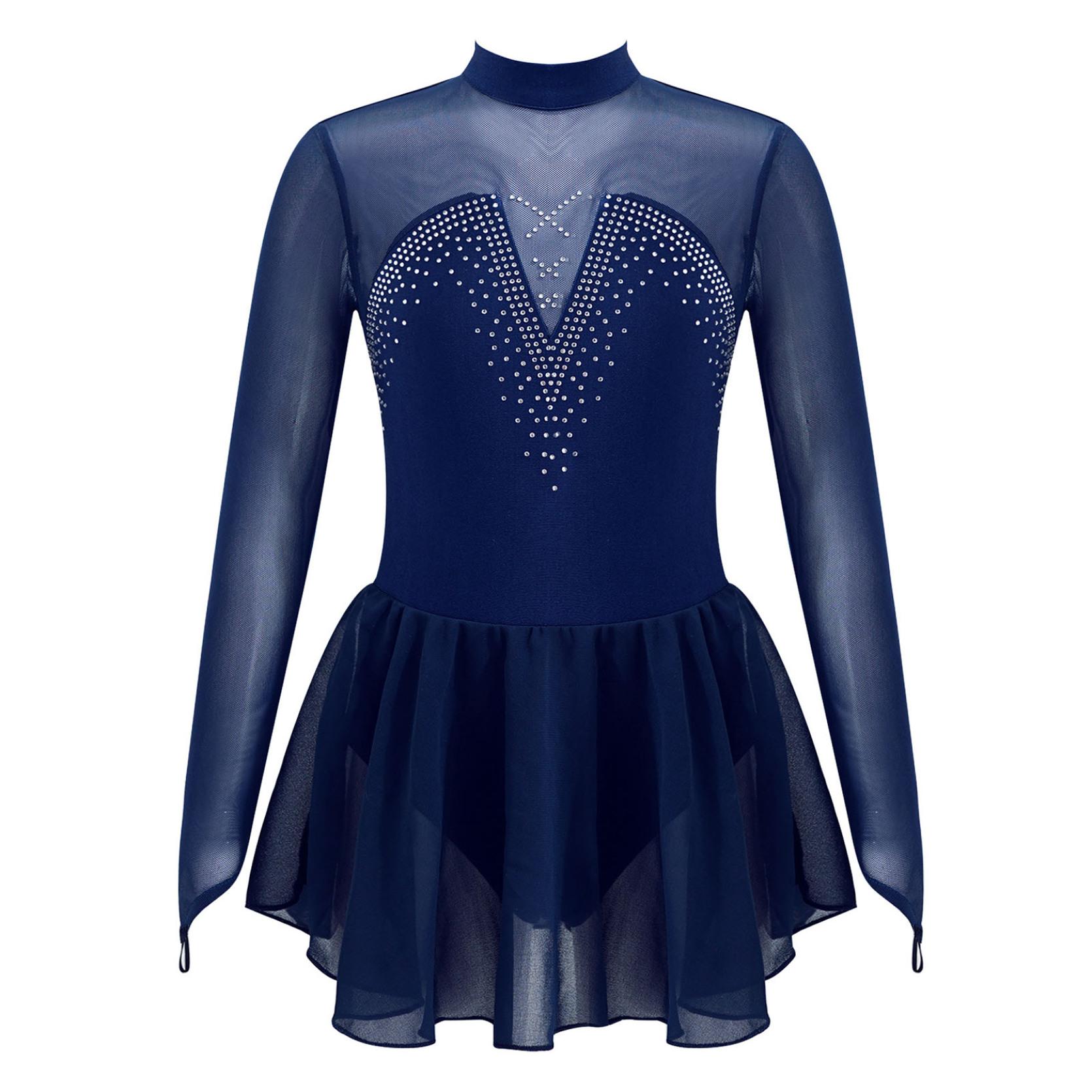 IEFiEL Kinderen Meisjes Figuur Schaatsen Dancewear Jurk Sparkly Strass Mesh Splice Ballerina Ballet Gymnastiek Workout Tule Tutu Jurk 8-10 Years marineblauwe kleur