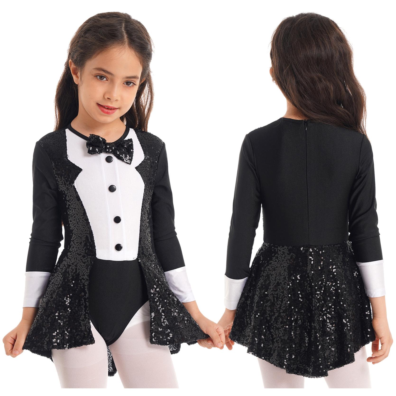 IEFiEL Kinderen Meisjes Lange Mouw Ballroom Latin Jazz Ballet Dans Jurk Strikje Pailletten Decor Turnpakje Dancewear Cosplay Kostuum 10-12 Years zwart