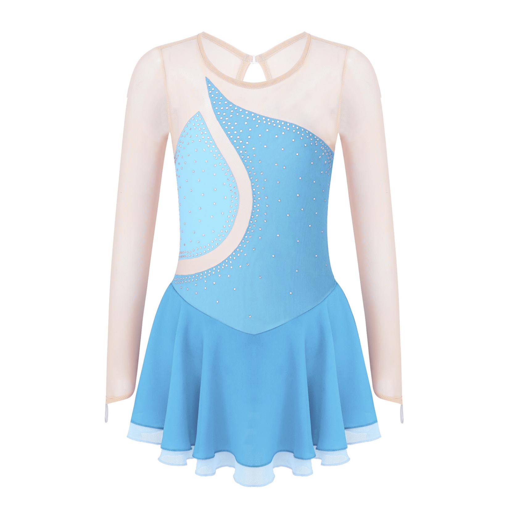 IEFiEL Kunstschaatsjurk voor meisjes Bloem Mesh Schaatsjurk Ballet Dans Turnpakje Jurk voor Competitiekostuum 13-14 Years hemelsblauwe kleur