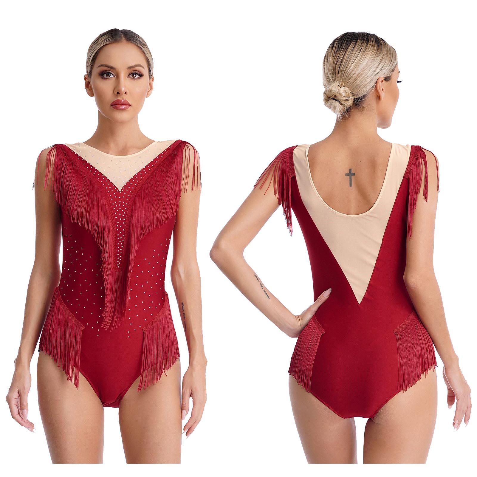 Aislor Womens Strass Glitter Figuur Schaatsen Ballet Dans Turnpakje Mouwloze Gymnastiek Dans Body S bordeaux