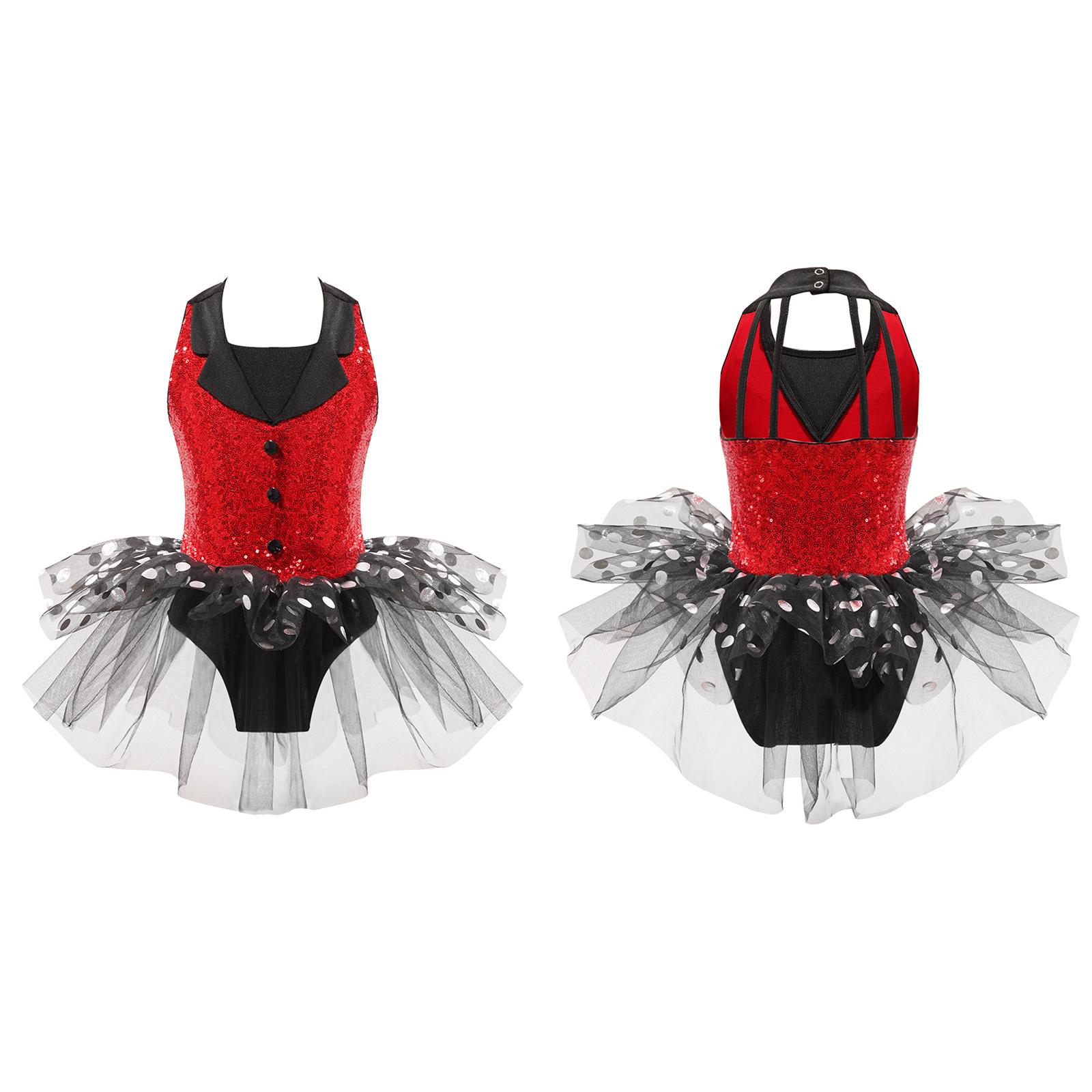Linjinx Meisjes Kids Pailletten Bandjes Terug Turnpakje Tutu Jurk Ballet Jazz Latin Moderne Dansvoorstelling Circus Kostuum 5-6 Years rood