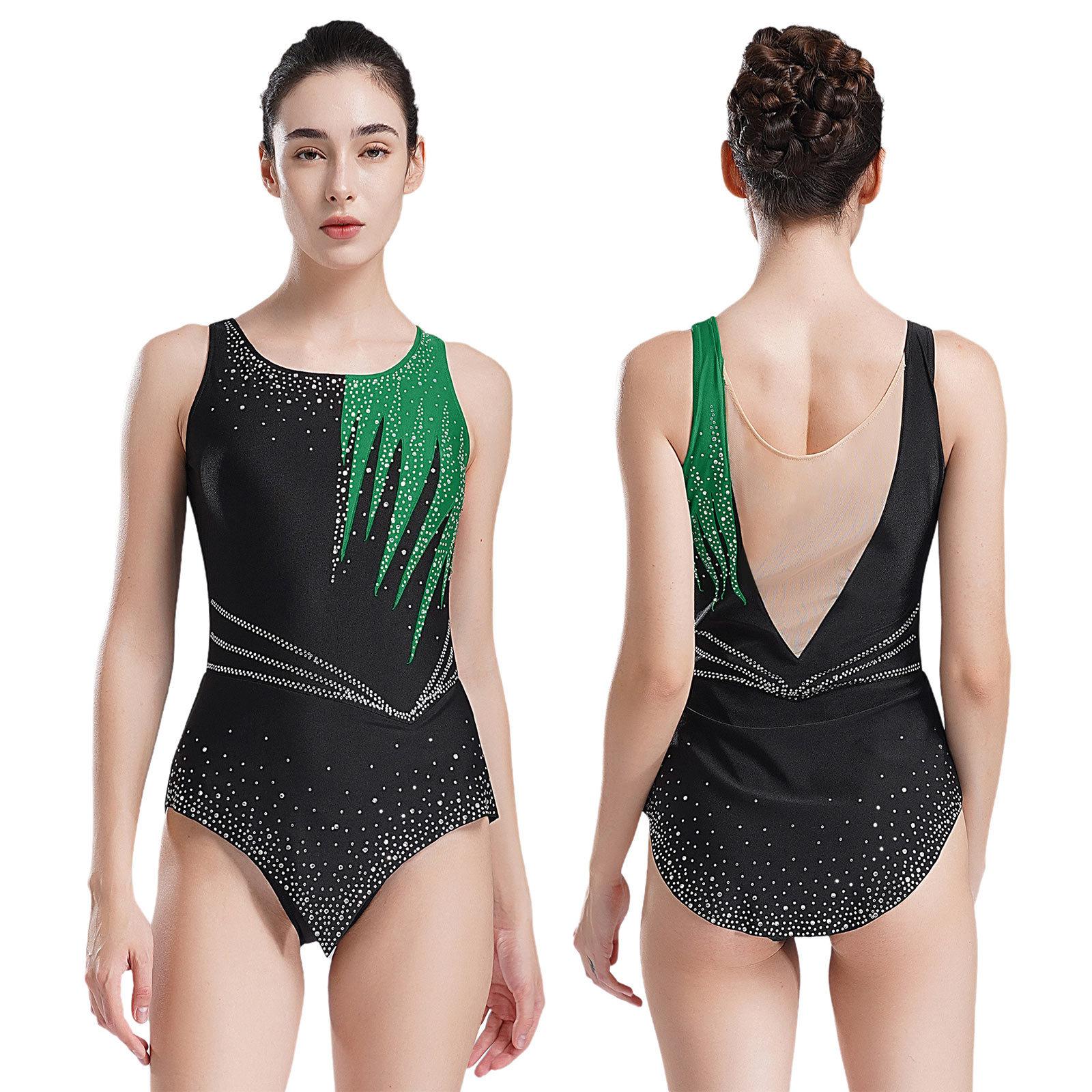 Yunduantong-electronic Vrouwen Glanzende Strass Ballet Dans Leotard Ritmische Gymnastiek Atletische Actieve Kleding Competitie Kostuum Transparant Mesh Bodysuit L groen