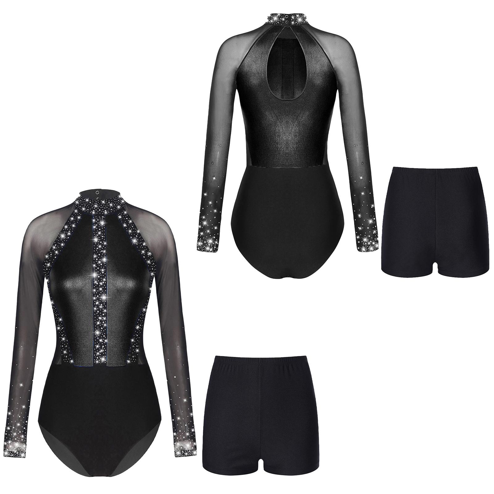 Aislor Dames mesh lange mouwen gymnastiek bodysuit met strass steentjes ballet dans turnpakje kleurblok schaats jumpsuit shorts danskleding sets S