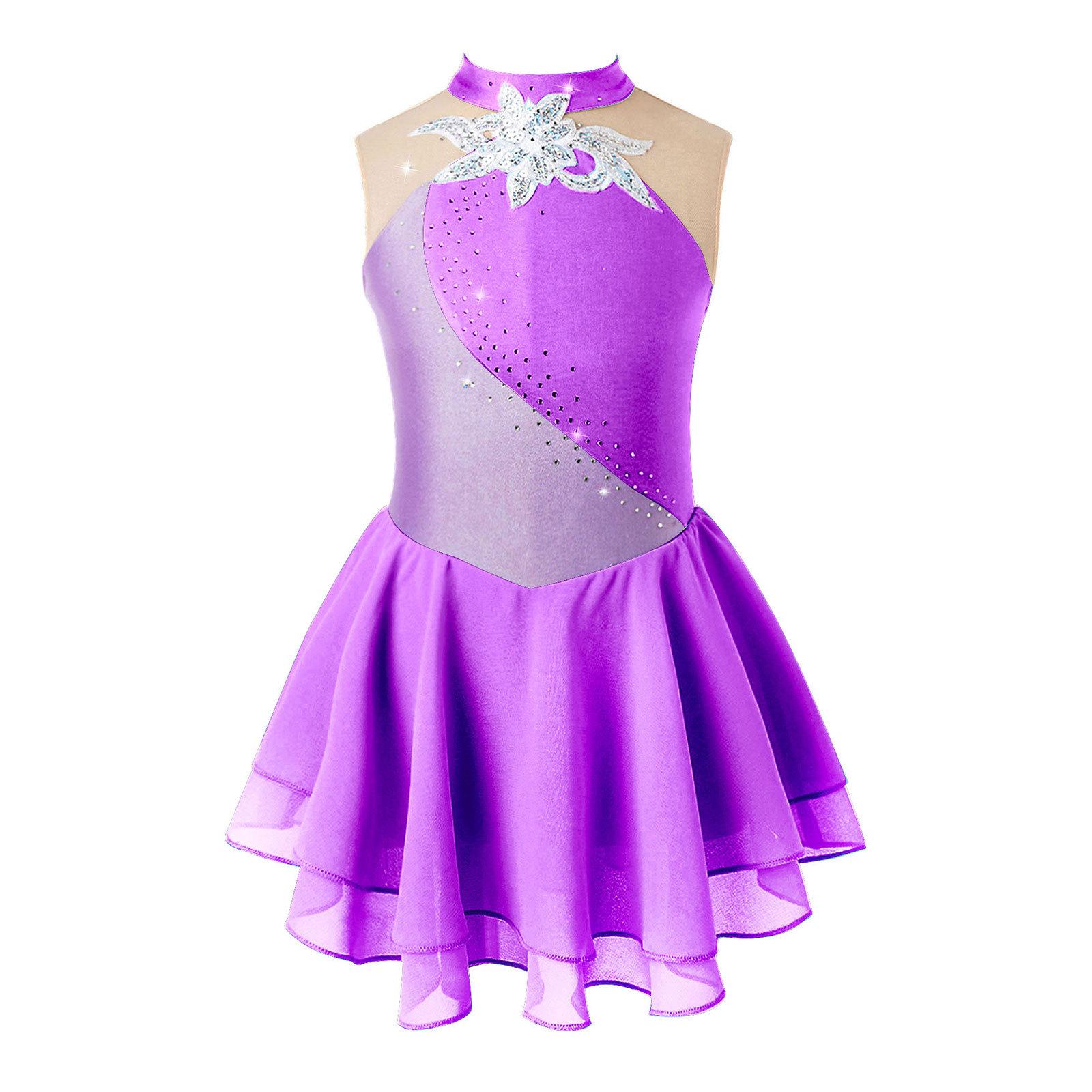 Sywiyi Kinderen Meisjes Kunstschaatsen Jurk Strass Mesh Splice Mouwloos Ballet Dans Jurk Gymnastiek Turnpakje Prestaties Kostuums 15-16 Years