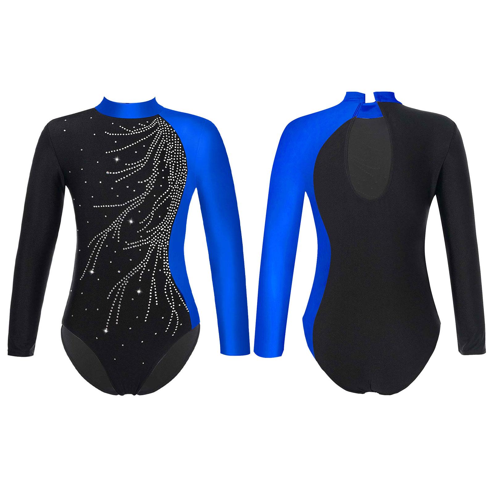 ZDHoor Meisjes Dans Gymnastiek Turnpakje Lange Mouw Faux Diamanten Versierd Sleutelgat Achterstijl Romper Kinderen 14-16 Years