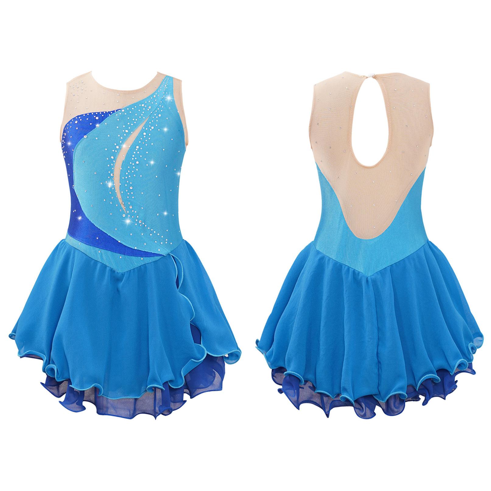 Ranrann Meisjes mouwloze glanzende strass decor holle rug schaatsdansjurk podiumdanskleding 9-10 Years lichtblauwe kleur