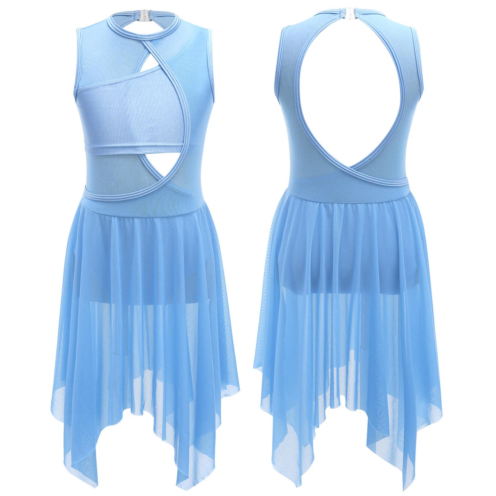 IEFiEL Kinderen meisjes mouwloze kriskras holle spandex mesh patchwork rugloze dansjurk lyrisch latin danskostuum 11-12 Years lichtblauwe kleur