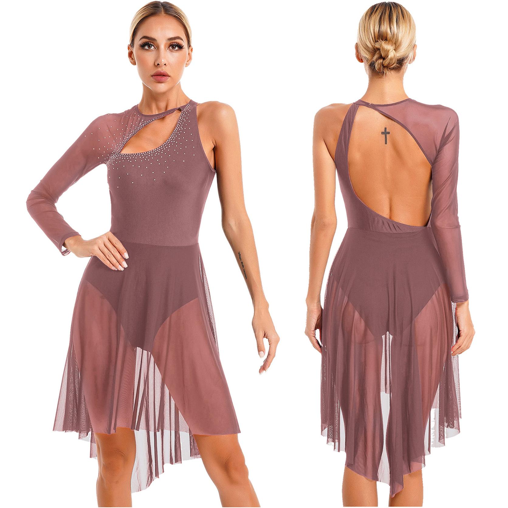 Yunduantong-electronic Vrouwen Ballet Lyrische Dans Jurk Sheer Mesh Gymnastiek Turnpakje Kunstschaatsen Ballerina Stage Performance Danskleding XL lichtbruine kleur