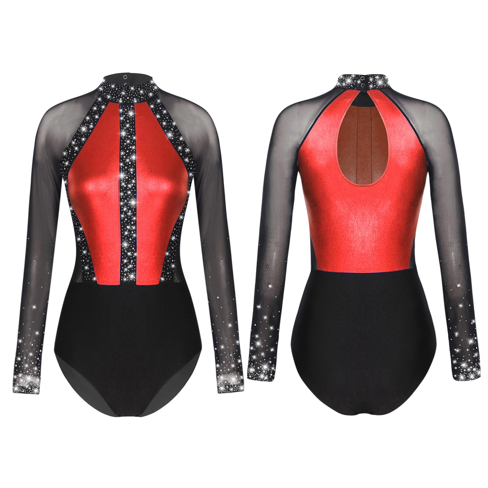 Tiaobug Dames strass ballet gymnastiek dans turnpakje bodysuit kunstschaatsen danskostuum met lange mouwen XL