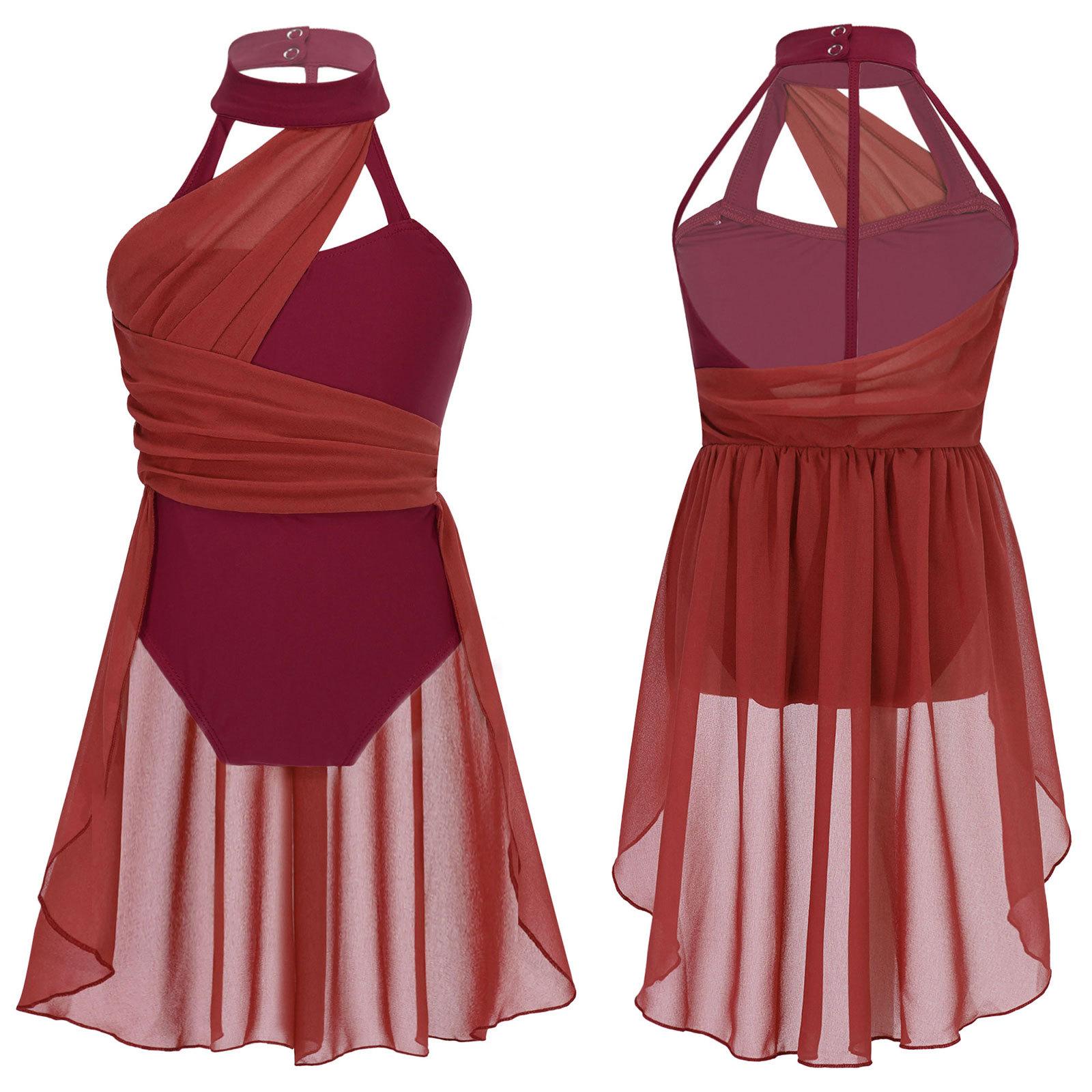Sywiyi Kinderen mouwloze gymnastiek dansjurk meisjes ruches chiffon lijfje turnpakje danskleding kostuum 8-10 Years bordeaux
