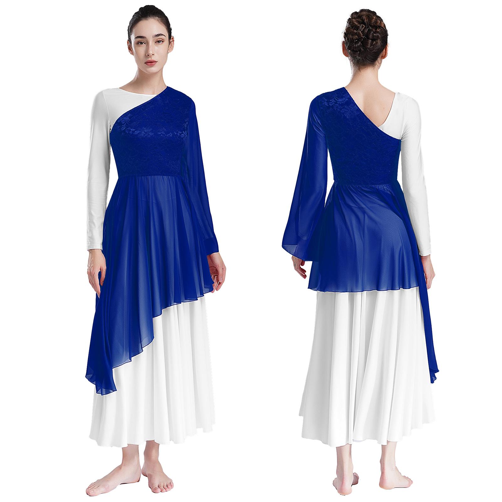 RUNQHUI Vrouwen Liturgische Lof Dans Tuniek Een Schouder Asymmetrische Aanbidding Dans Overlay Tuniek Top L koningsblauwe kleur