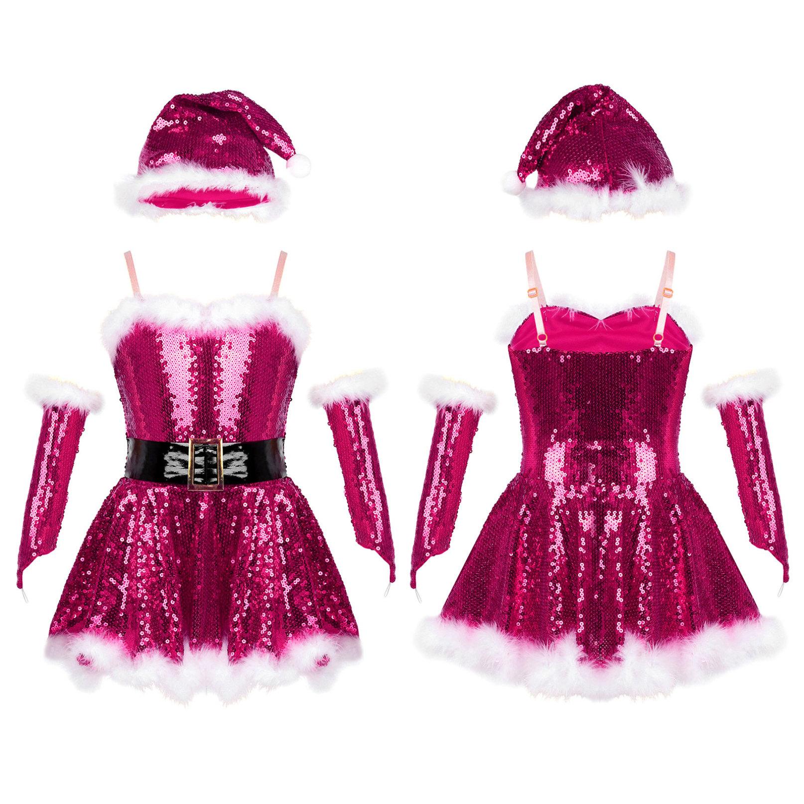 Inlzdz Kinderen Meisjes Kerst Outfit Pailletten Figuur Ijs Rolschaatsen Ballet Dans Turnpakje Jurk met Hoed Armmouwen 15-16 Years helder roze