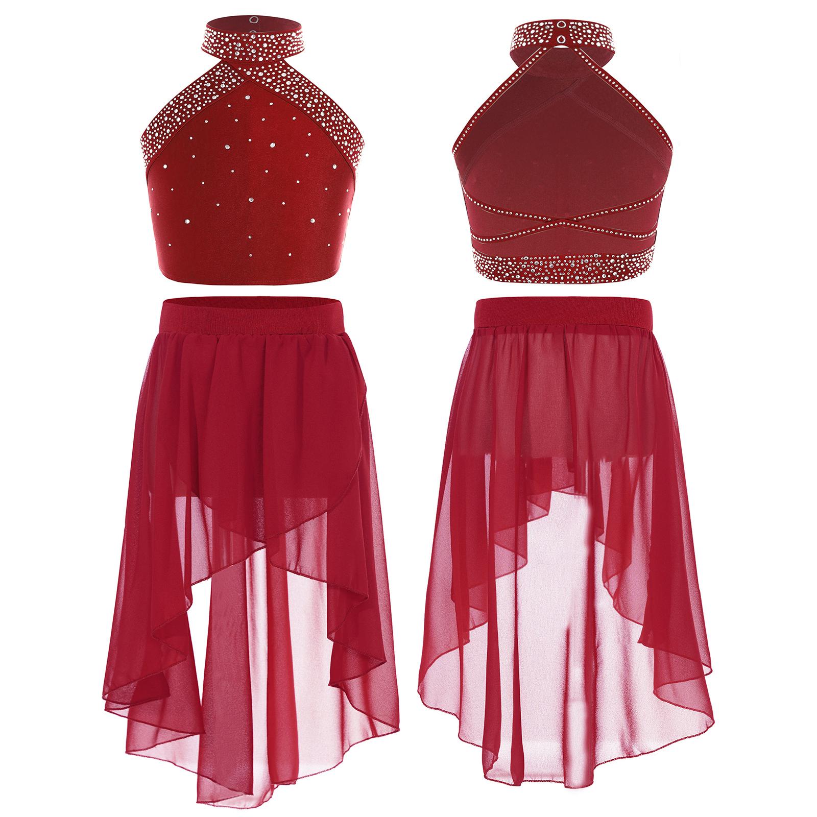 Yunduantong-electronic Meisjes Dans Training Outfit Gymnastiek Ballerina Lyrical Dancing Studio Oefenkostuum Lange Balletrok Ballet Danskleding 2 stuks 15-16 Years