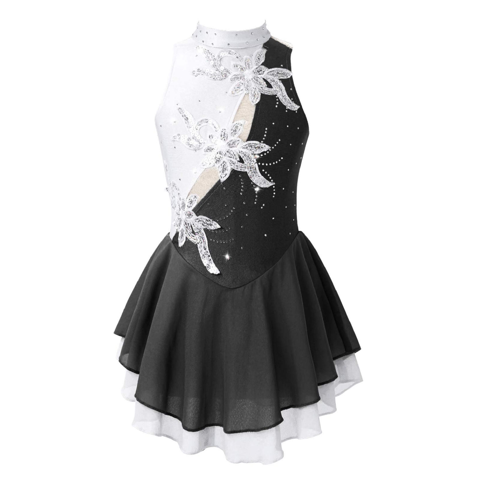 IEFiEL 2 Pailletten Bloemen Figuur Schaatsen Jurk Kind Meisjes Gymnastiek Turnpakje Ballroom Ballet Dans Kostuum Lyrische Prestaties Kleding 14-16 Years zwart