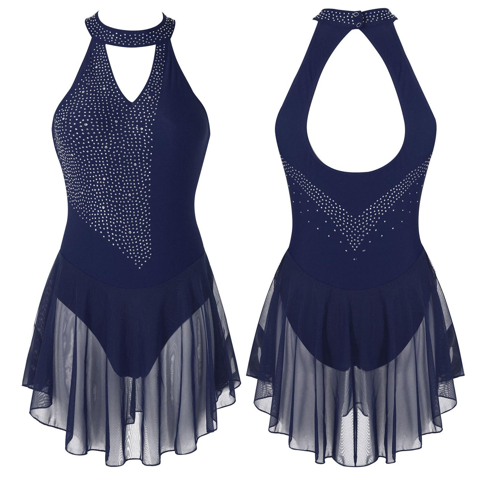 Fldy Dames Meisjes V-hals Backless Dansjurk Kunstschaatsen Rok Turnpakje Gymnastiek Jurken XL