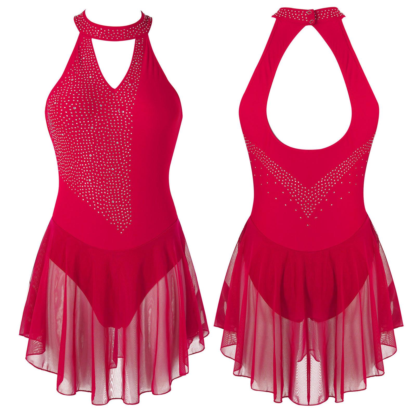 Fldy Dames Meisjes V-hals Backless Dansjurk Kunstschaatsen Rok Turnpakje Gymnastiek Jurken L rood