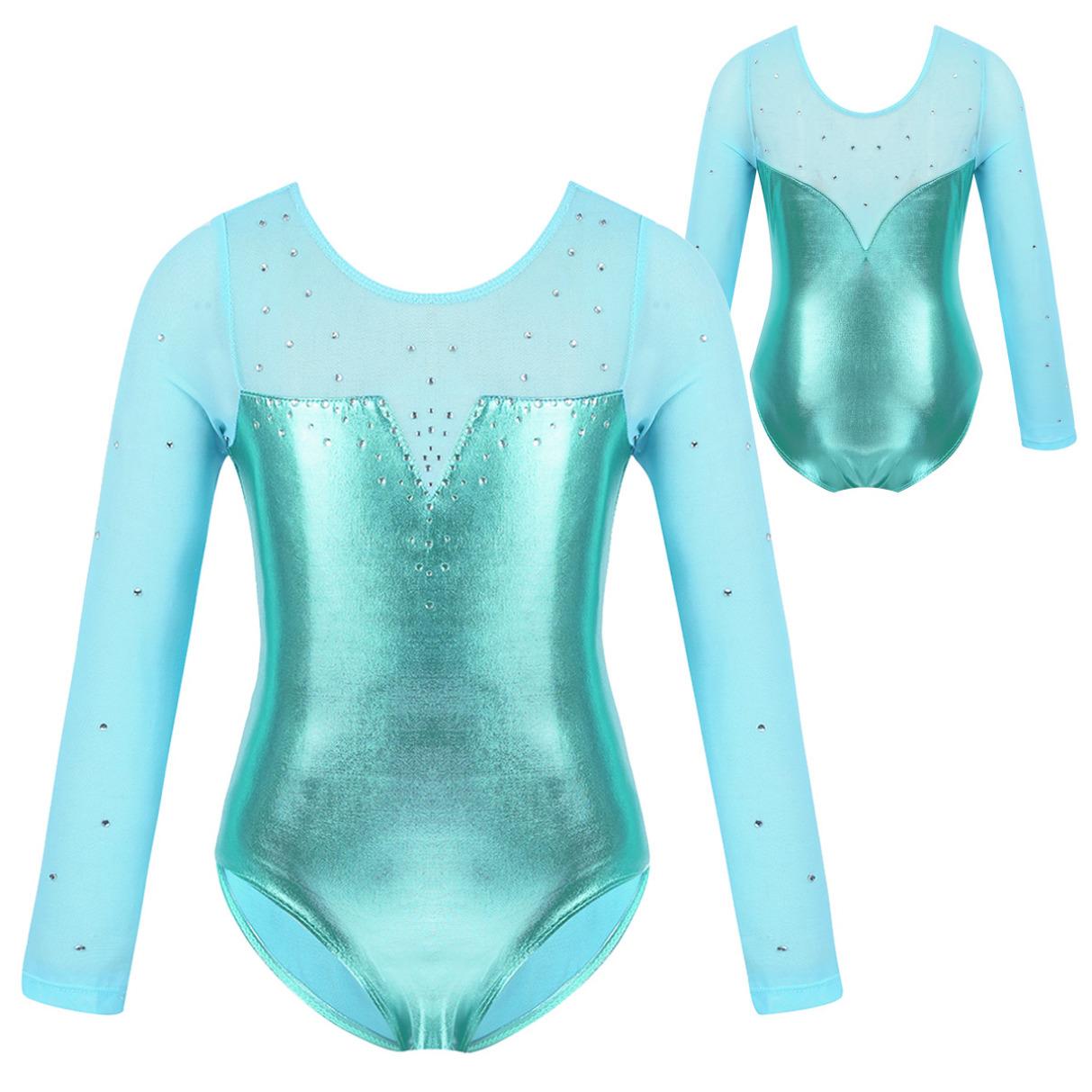 Ranrann Meisjes Turnpakje Gymnastiek Outfit voor Kinderen Lange Mouw Mesh Strass Glanzend Metallic Dans Ballerina Kostuum 5-6 Years groen