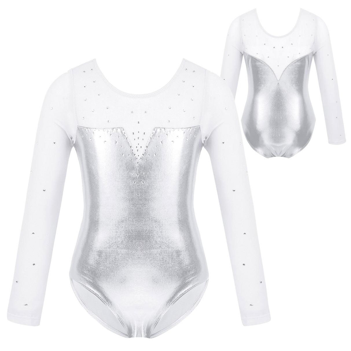 Ranrann Meisjes Turnpakje Gymnastiek Outfit voor Kinderen Lange Mouw Mesh Strass Glanzend Metallic Dans Ballerina Kostuum 7-8 Years zilver