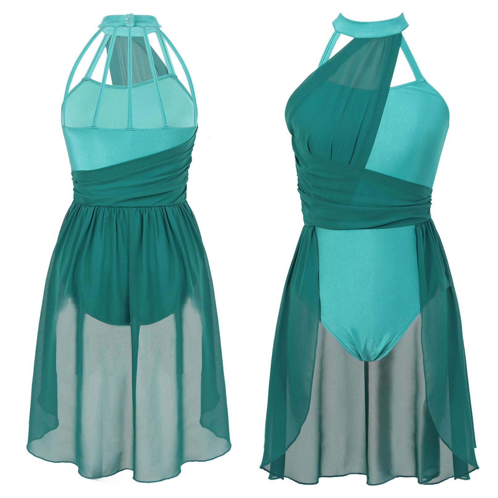 HULIJA Dames mouwloze strappy leotardjurk met chiffon rok eigentijds lyrisch danskostuum L groen