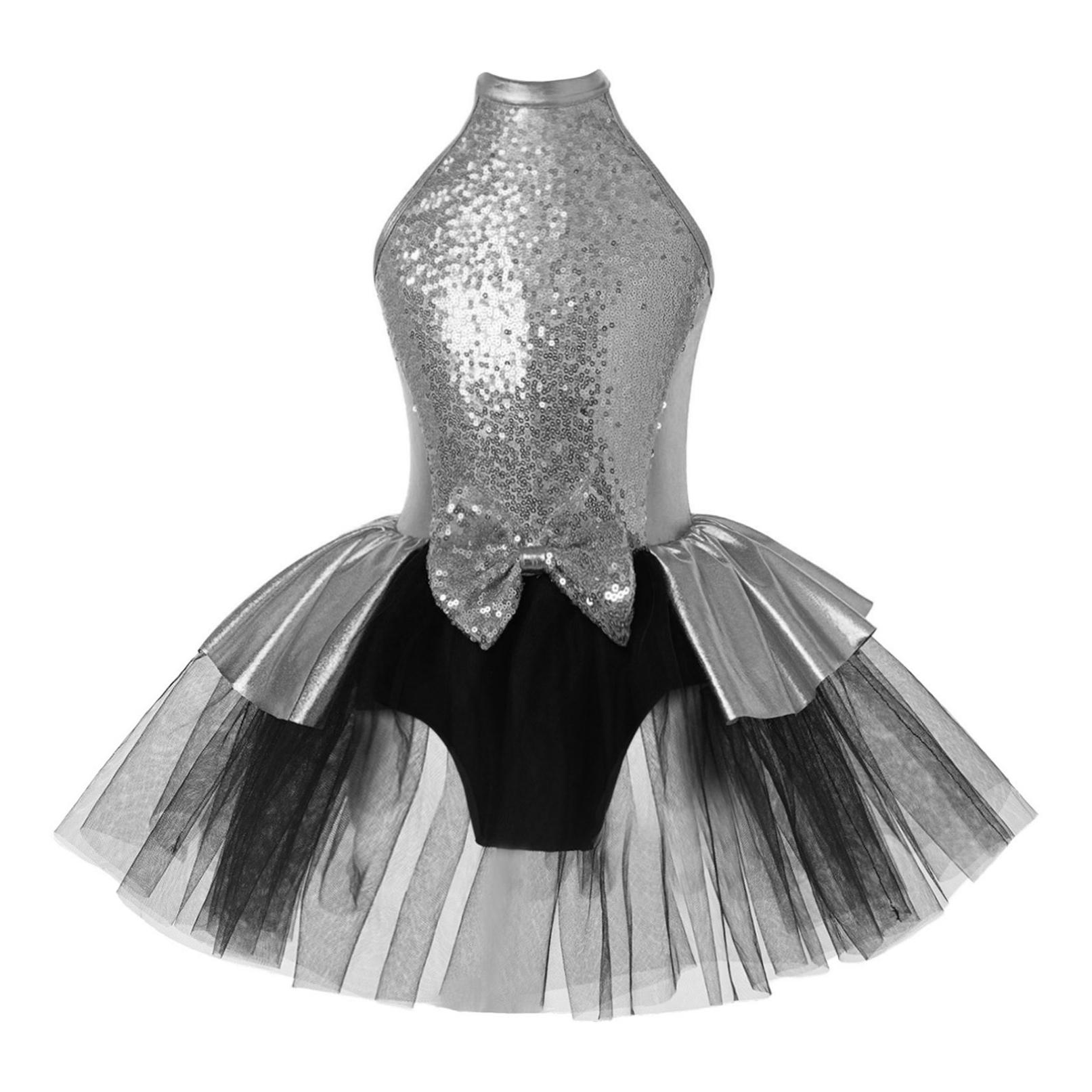 Ranrann Kinderen Meisjes Mouwloos Sprankelende Pailletten Hollow Back Tutu Mesh Dans Jurk Latin Jazz Dans Kostuum Ballet Dancewear 7-8 Years zilver