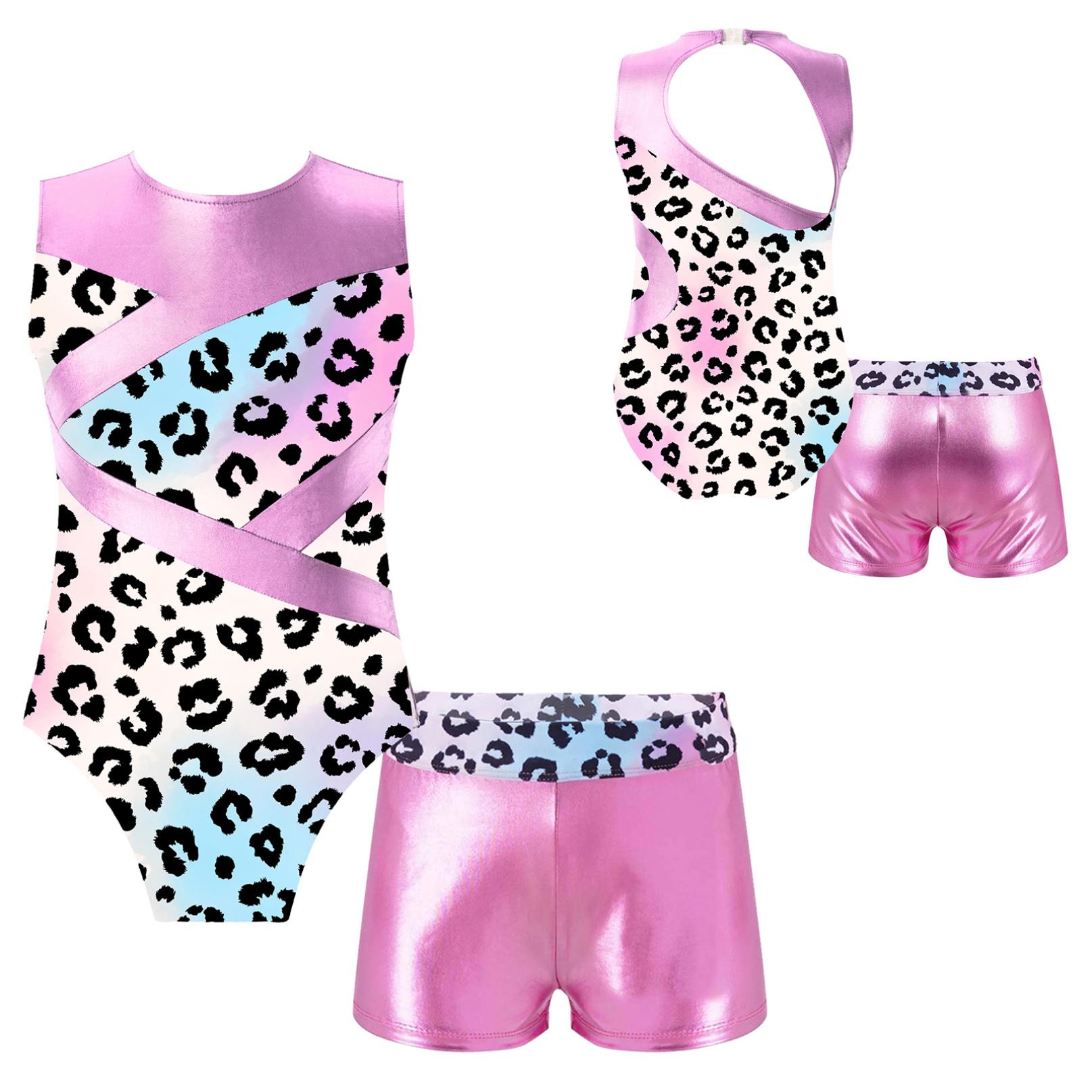 Inhzoy Meisjes Glanzend Metallic Mouwloos Gymnastiek Turnpakje en Shorts Kinderen Ballet Dans Unitard Biketard 7-8 Years roze