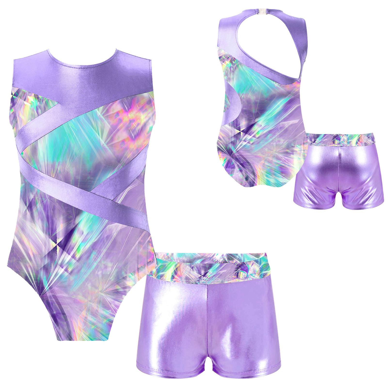 Inhzoy Meisjes Glanzend Metallic Mouwloos Gymnastiek Turnpakje en Shorts Kinderen Ballet Dans Unitard Biketard 13-14 Years lavendel
