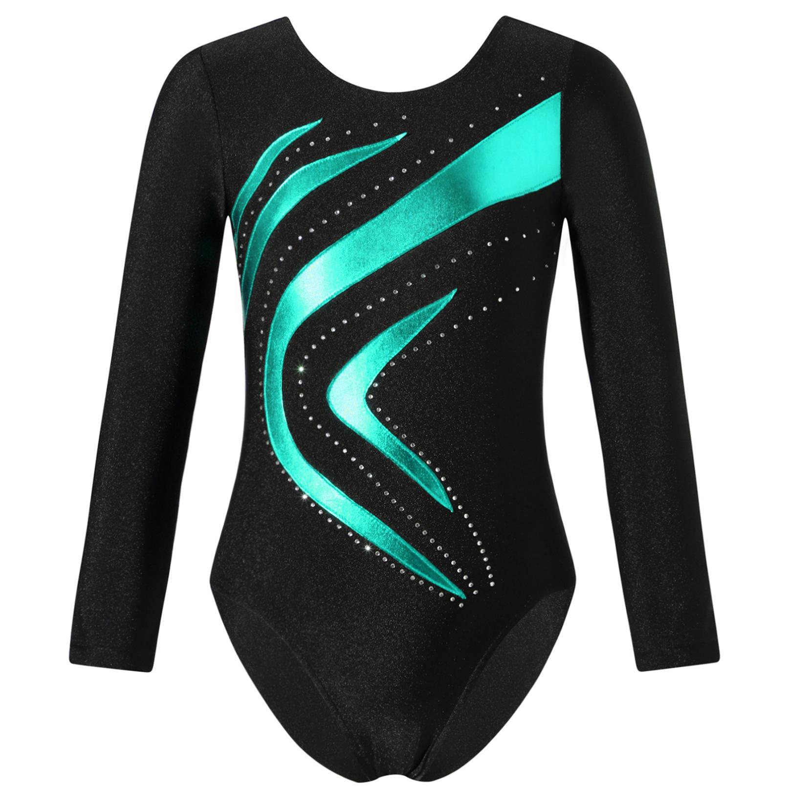 Inlzdz Kinderen meisjes ballet dans turnpakje ritmische gymnastiek kunstschaatsen yoga bodysuit lange mouw glanzende strass danskleding 9-10 Years groen