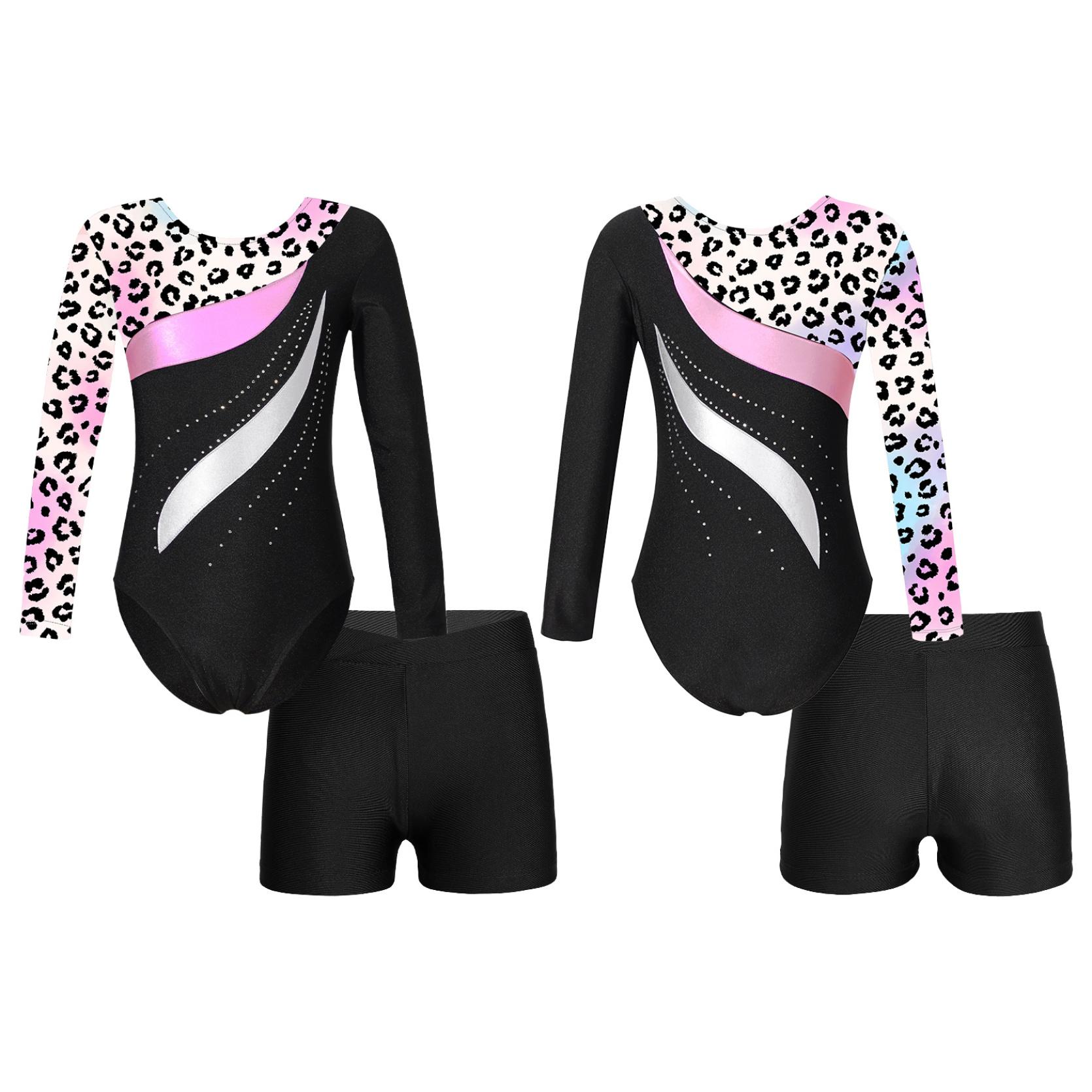 IEFiEL Kinderen meisjes lange mouw ronde hals glanzende strass decor turnpakje met shorts voor dans gymnastiektraining 7-8 Years