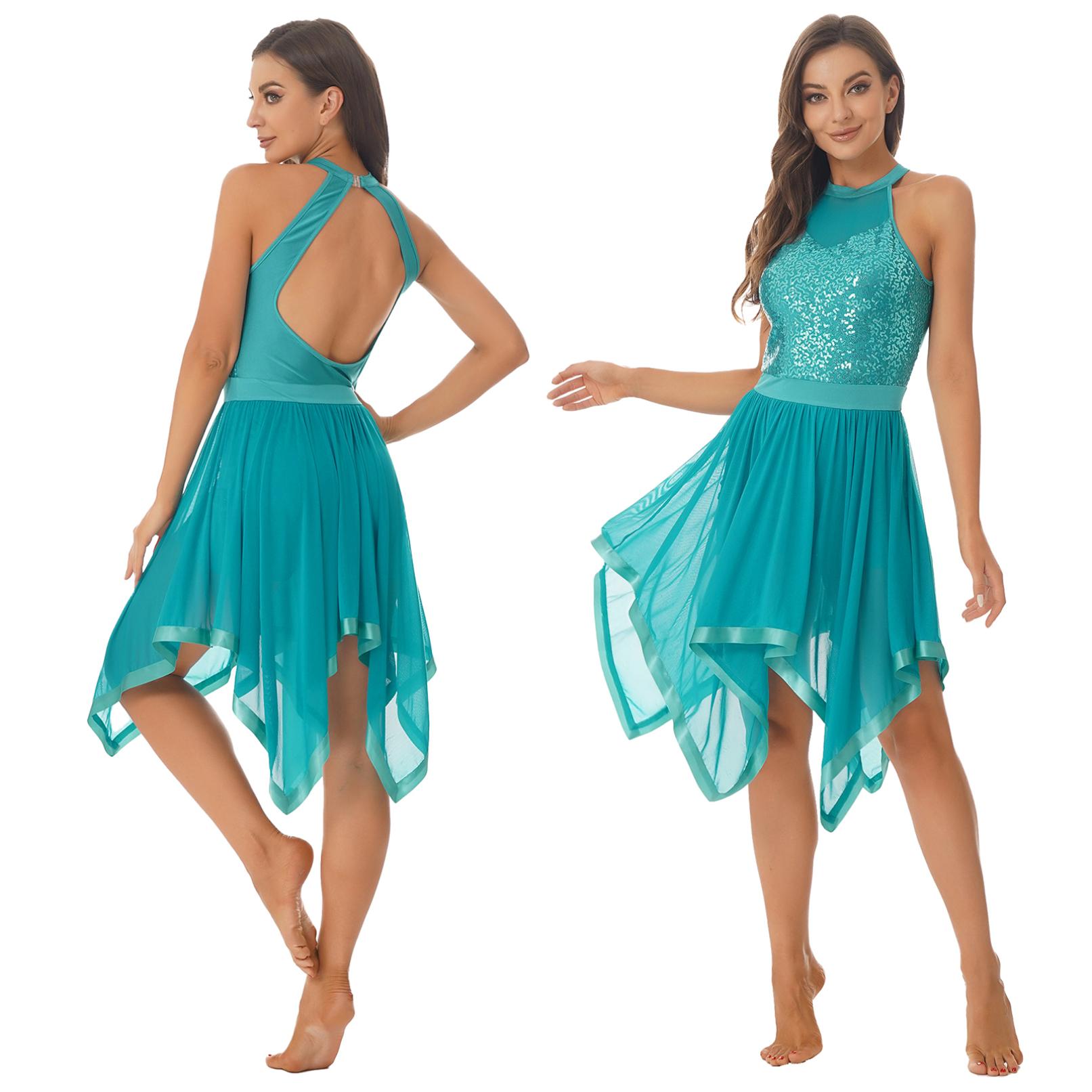 HULIJA Vrouwen mouwloze backless lyrische dans ballet turnpakje jurk glanzende pailletten mesh kunstschaatsjurk prestaties danskleding S groen