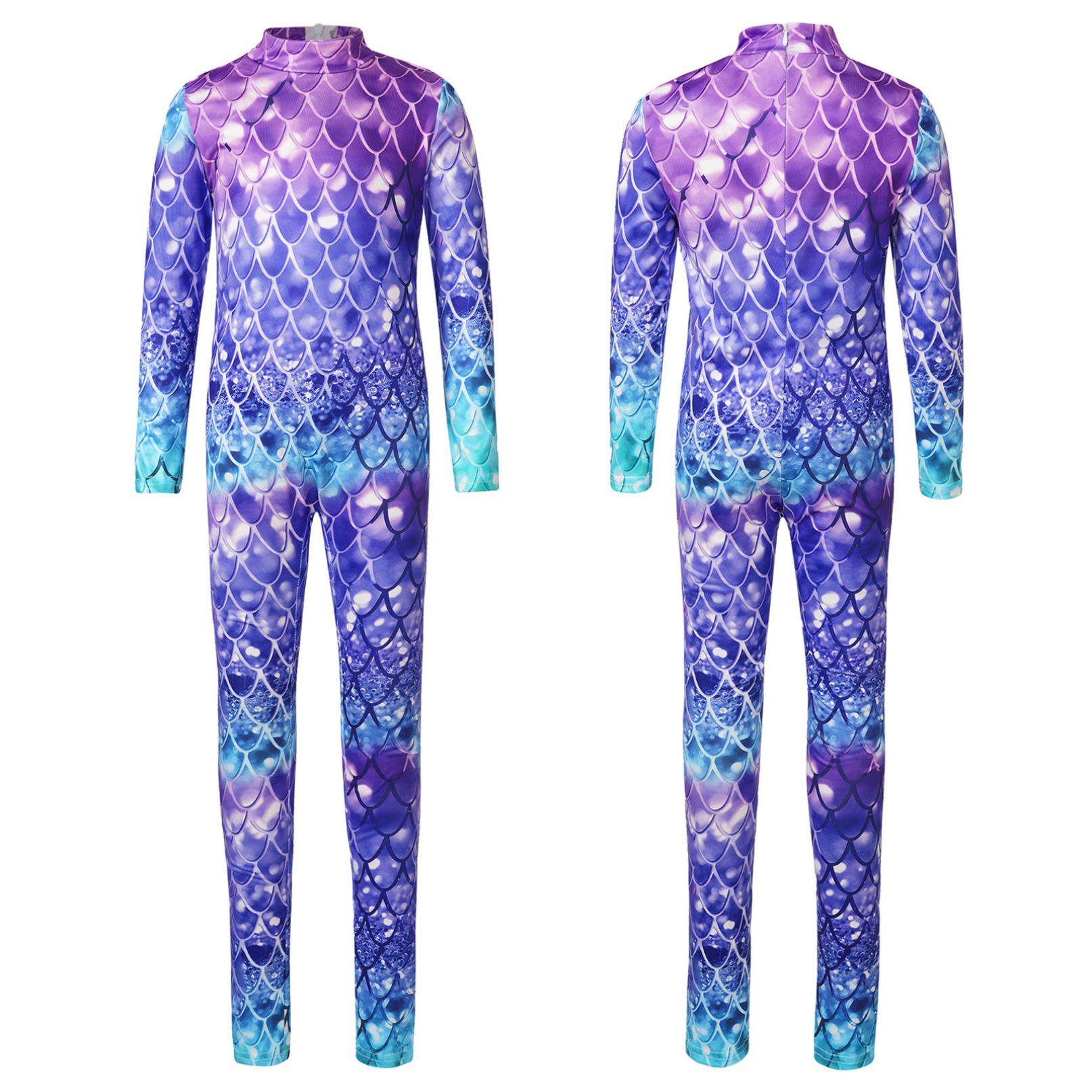 Inlzdz Gymnastiek maillots voor meisjes met lange mouwen zeemeermin jumpsuit bodysuit tumbling unitards dans ballet biketards 5-6 Years paars