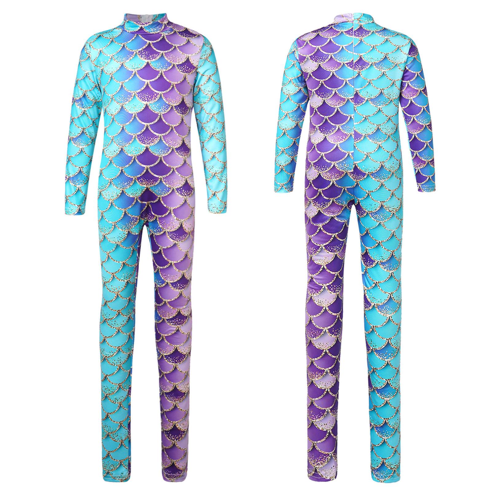 Inlzdz Gymnastiek maillots voor meisjes met lange mouwen zeemeermin jumpsuit bodysuit tumbling unitards dans ballet biketards 7-8 Years paars/meer blauwe kleur