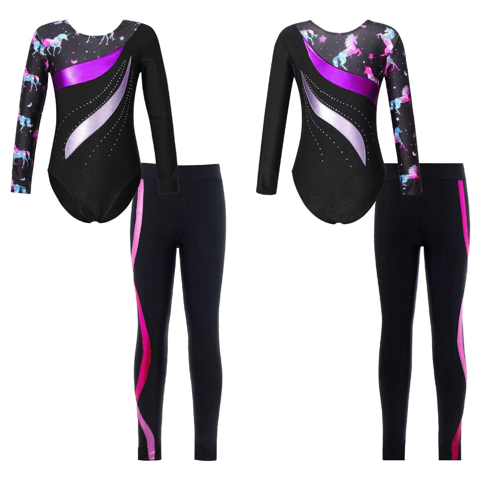 IEFiEL Kinderen Meisjes 2 Stuks Gymnastiek Dansoutfits Maillots met lange mouwen en broek Atletische Biketards Unitards 11-12 Years paars/warm roze kleur