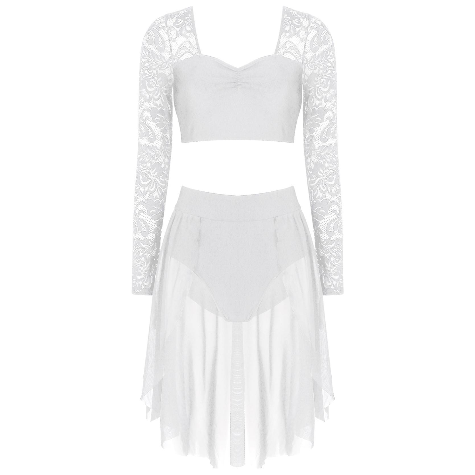 IEFiEL Vrouwen lyrische danskostuum kanten mouwen crop top chiffon vloeiende rok turnpakje tweedelige outfit S wit