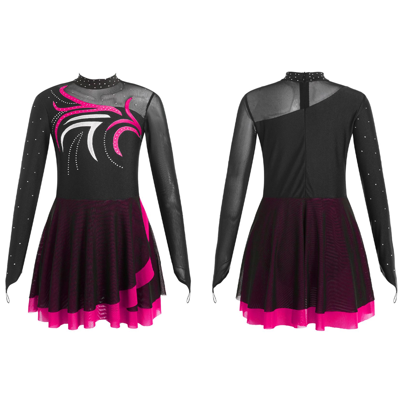 IEFiEL Kinderen meisjes kunstschaatsen dansvoorstelling jurken strass mesh patchwork lange mouw mock hals jurk danskleding 15-16 Years warm roze kleur