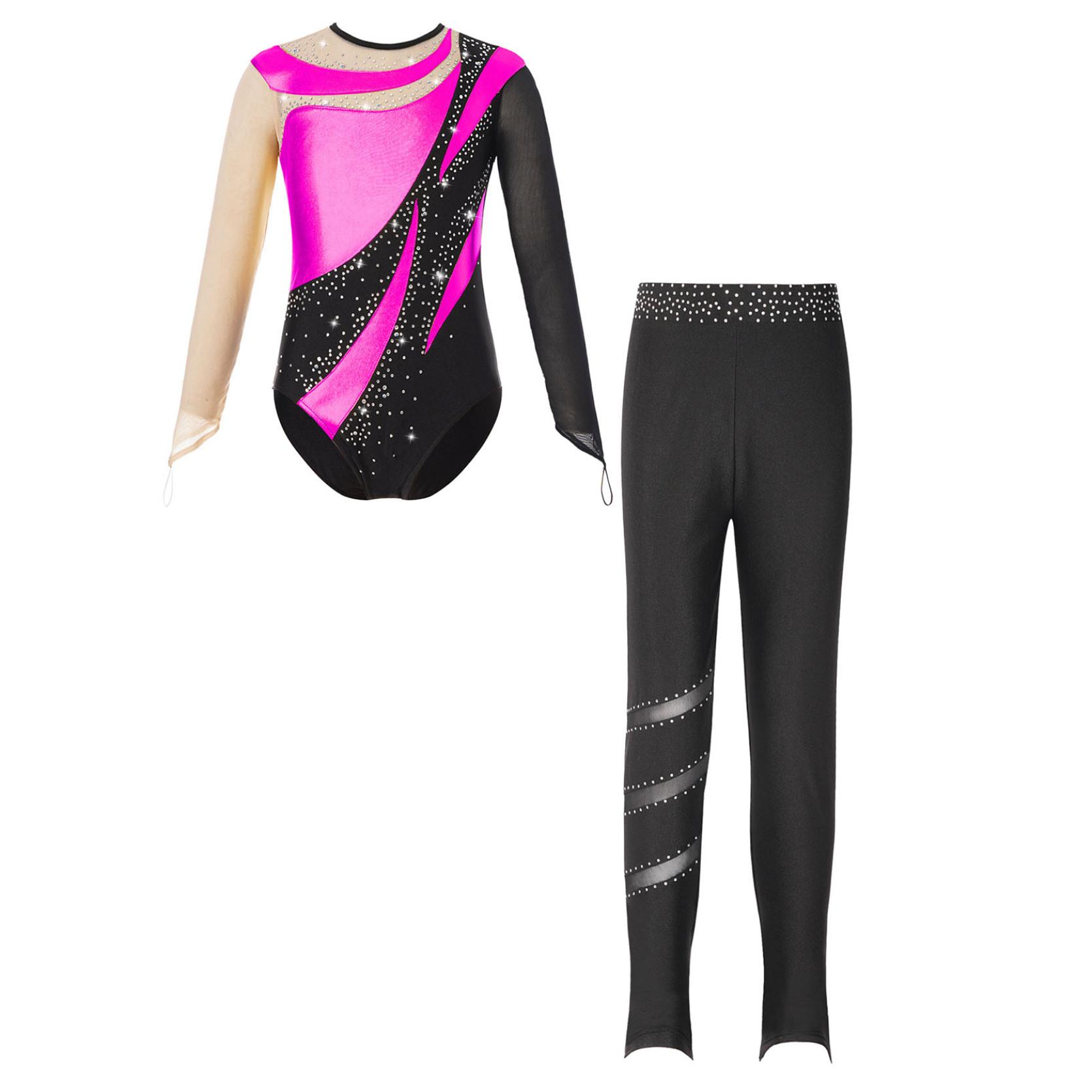 IEFiEL Kinderen Meisjes Gymnastiek Prestatie-outfit Metallic Patchwork Mesh Lange mouw Keyhole Back Turnpakje met sprankelende strasssteentjes Elastische tailleband Legging 11-12 Years warm roze kleur