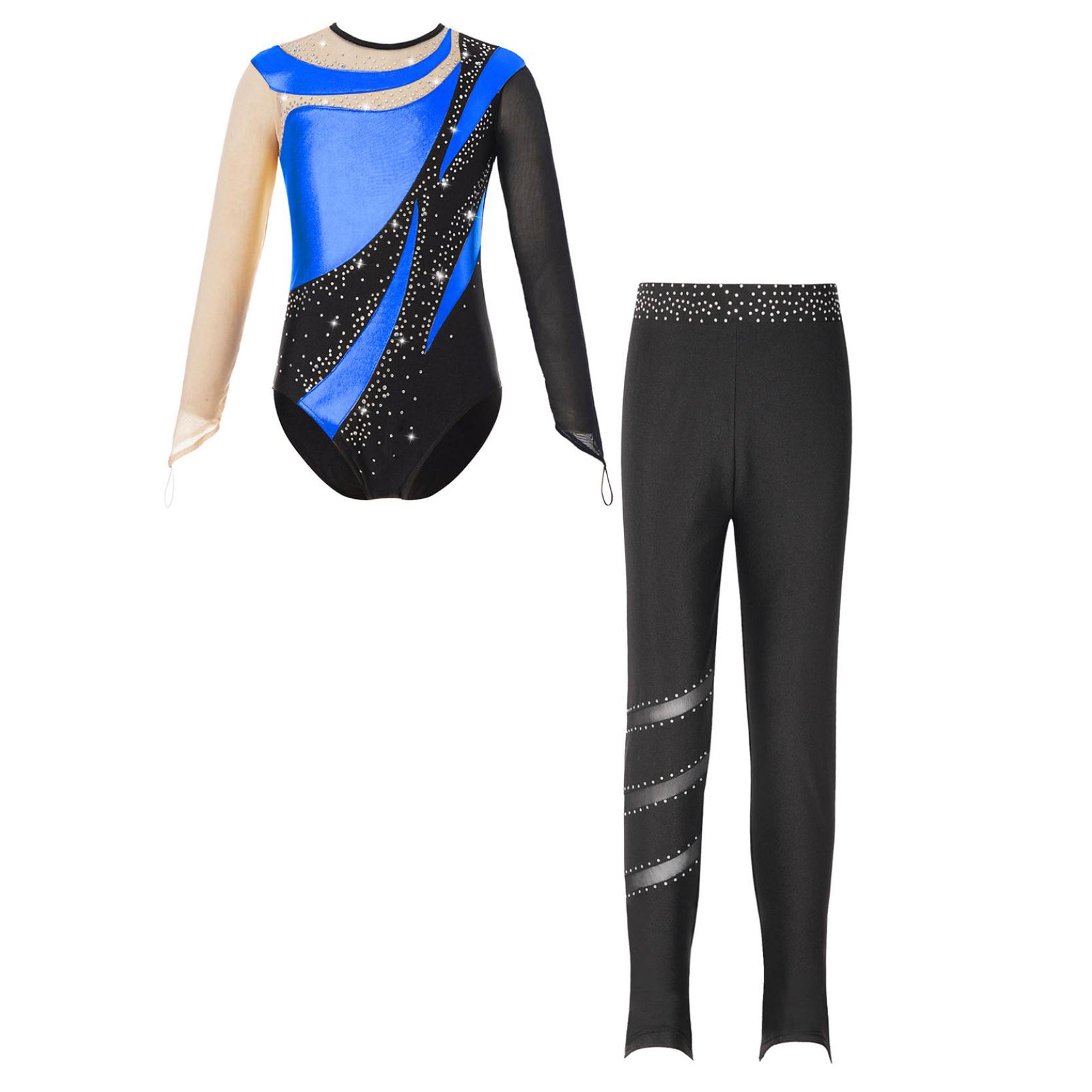 IEFiEL Kinderen Meisjes Gymnastiek Prestatie-outfit Metallic Patchwork Mesh Lange mouw Keyhole Back Turnpakje met sprankelende strasssteentjes Elastische tailleband Legging 13-14 Years