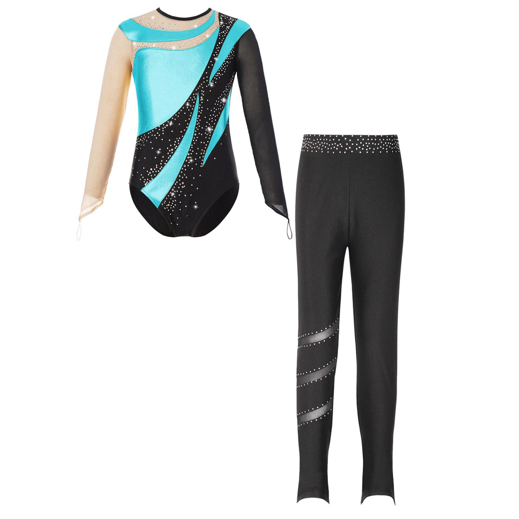 IEFiEL Kinderen Meisjes Gymnastiek Prestatie-outfit Metallic Patchwork Mesh Lange mouw Keyhole Back Turnpakje met sprankelende strasssteentjes Elastische tailleband Legging 7-8 Years