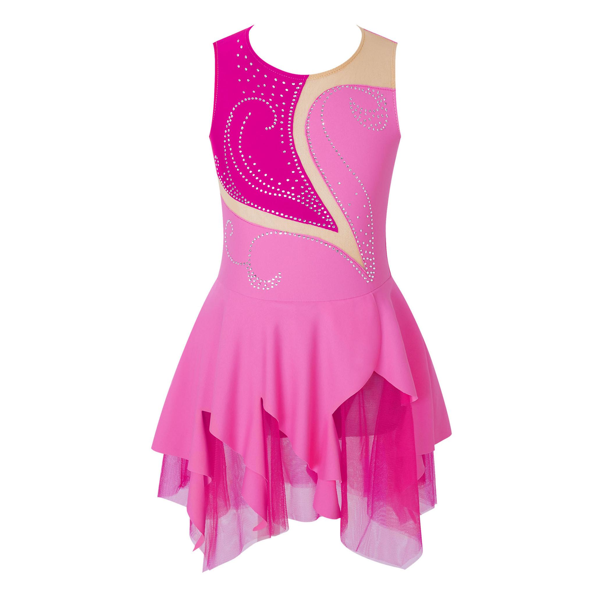 IEFiEL Schaatsen Jurk Meisjes Glanzende Strass Gymnastiek Kostuum Ballet Dans Turnpakje Jurk 13-14 Years warm roze kleur