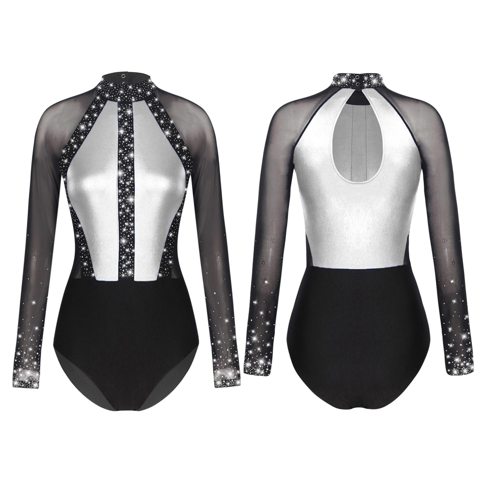Tiaobug Dames strass ballet gymnastiek dans turnpakje bodysuit kunstschaatsen danskostuum met lange mouwen S donkergrijze kleur