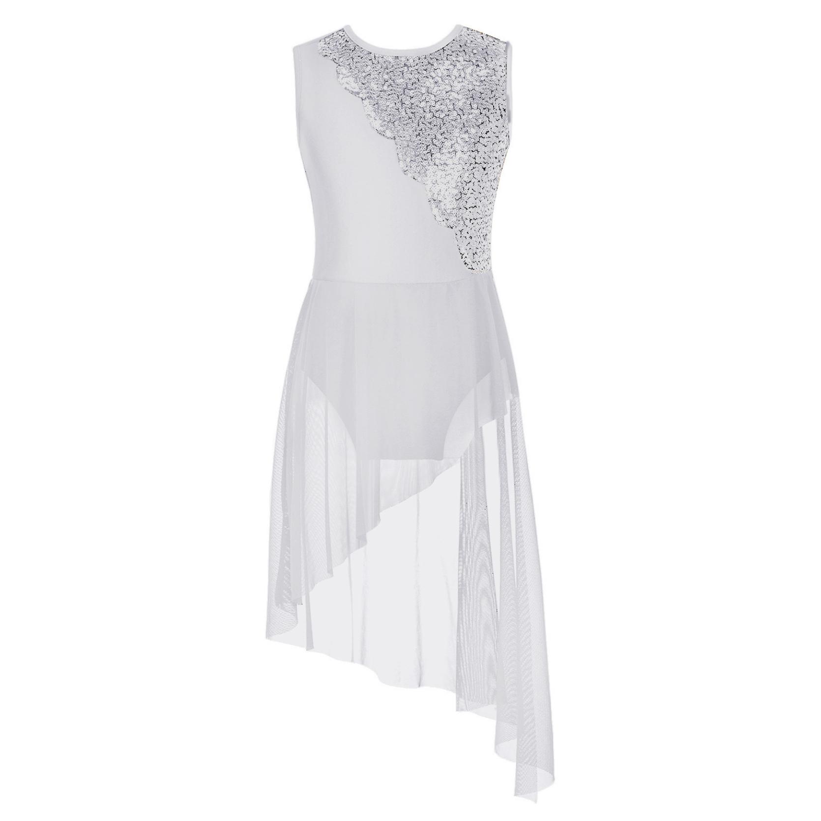 IEFiEL Kinderen meisjes mouwloze lyrische dansjurk asymmetrische tule rok leotard eigentijds kostuum 9-10 Years wit