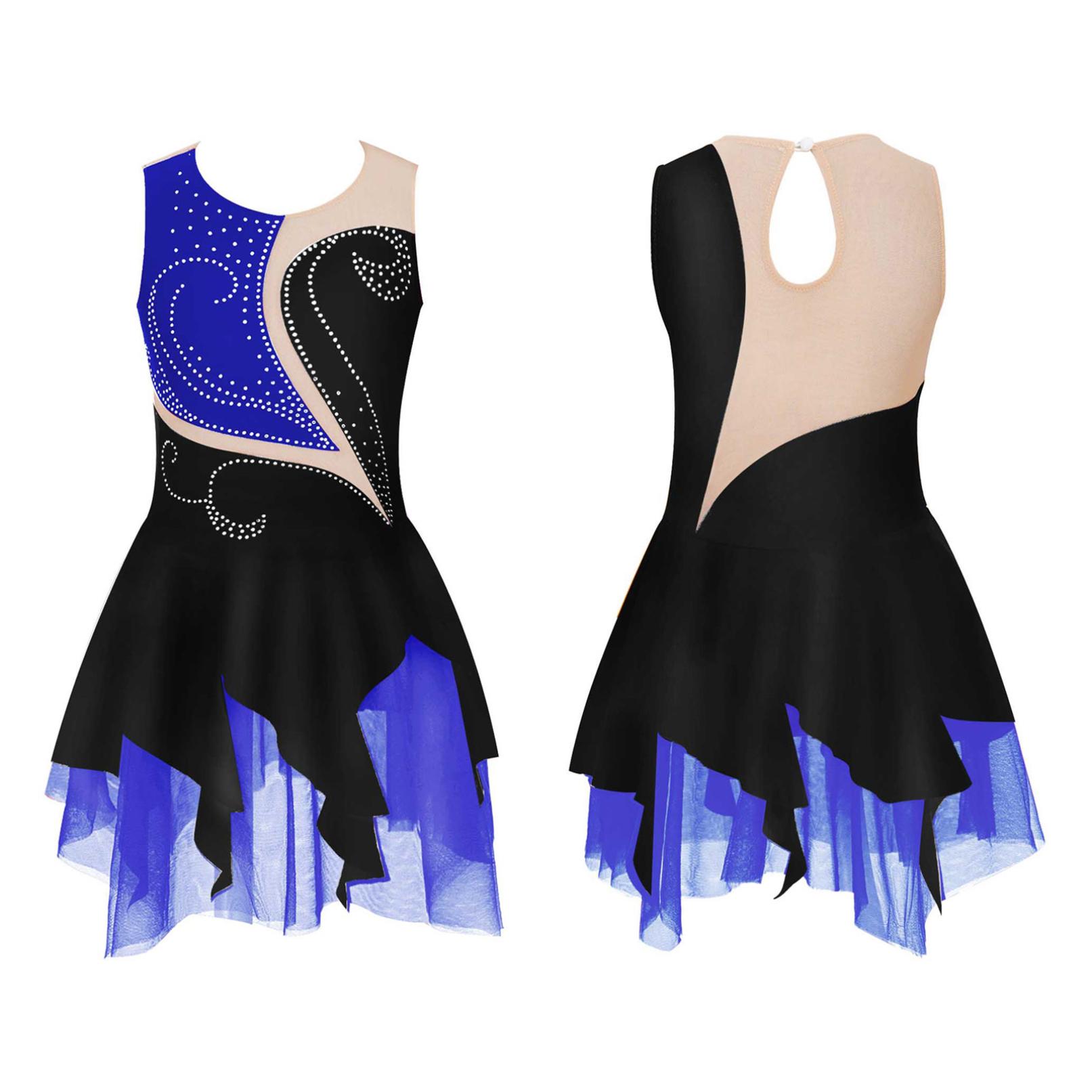 Manyakai Kinderen Meisjes Kunstschaatsen Jurk Mouwloos Glanzend Strass Dans Turnpakje Gymnastiek Ballet Ballroom Danskleding 15-16 Years zwart/blauw