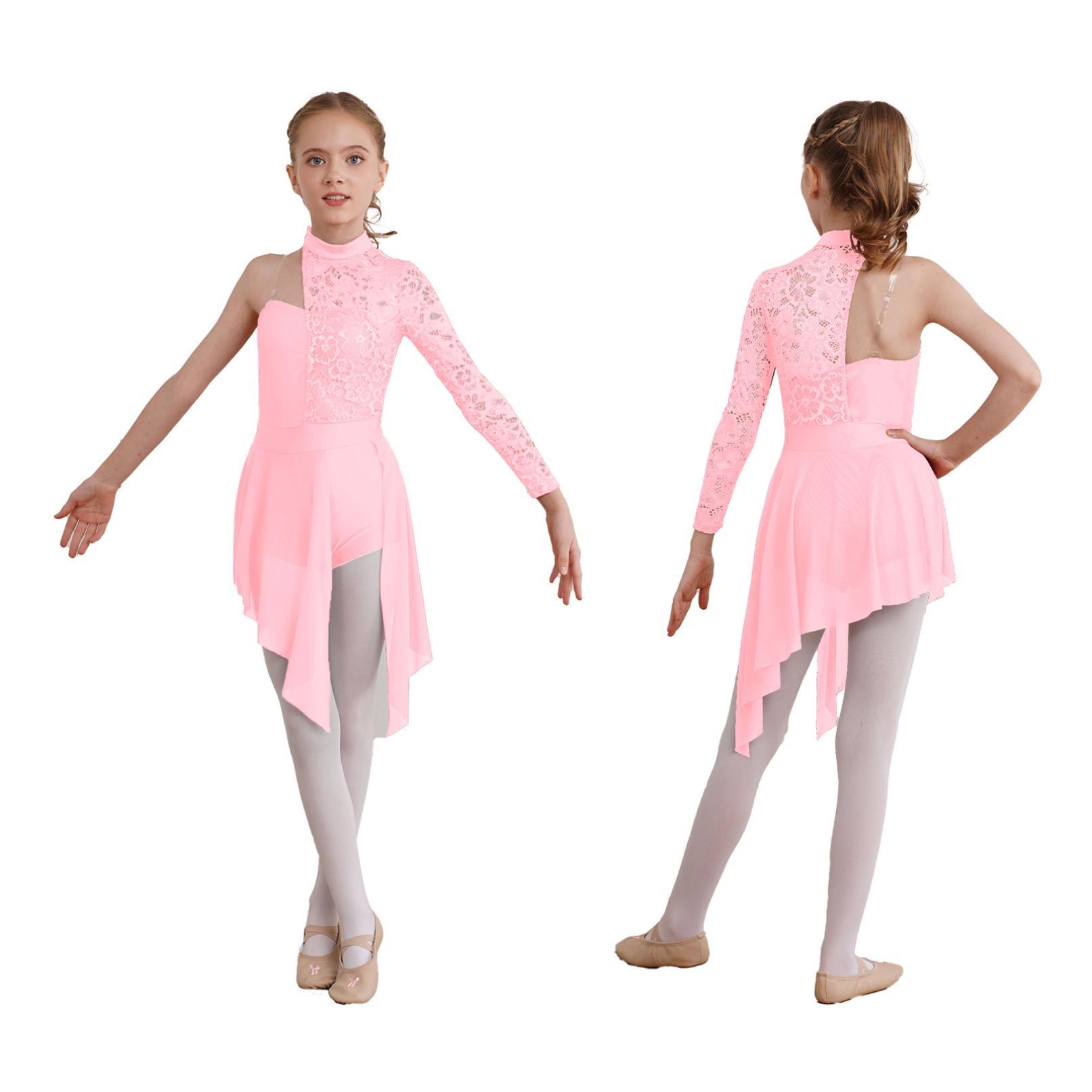 Tiaobug Gymnastiek maillots voor meisjes asymmetrisch ballet lyrische dansjurk met lange mouwen kunstschaatsen toneelkostuum 13-14 Years roze