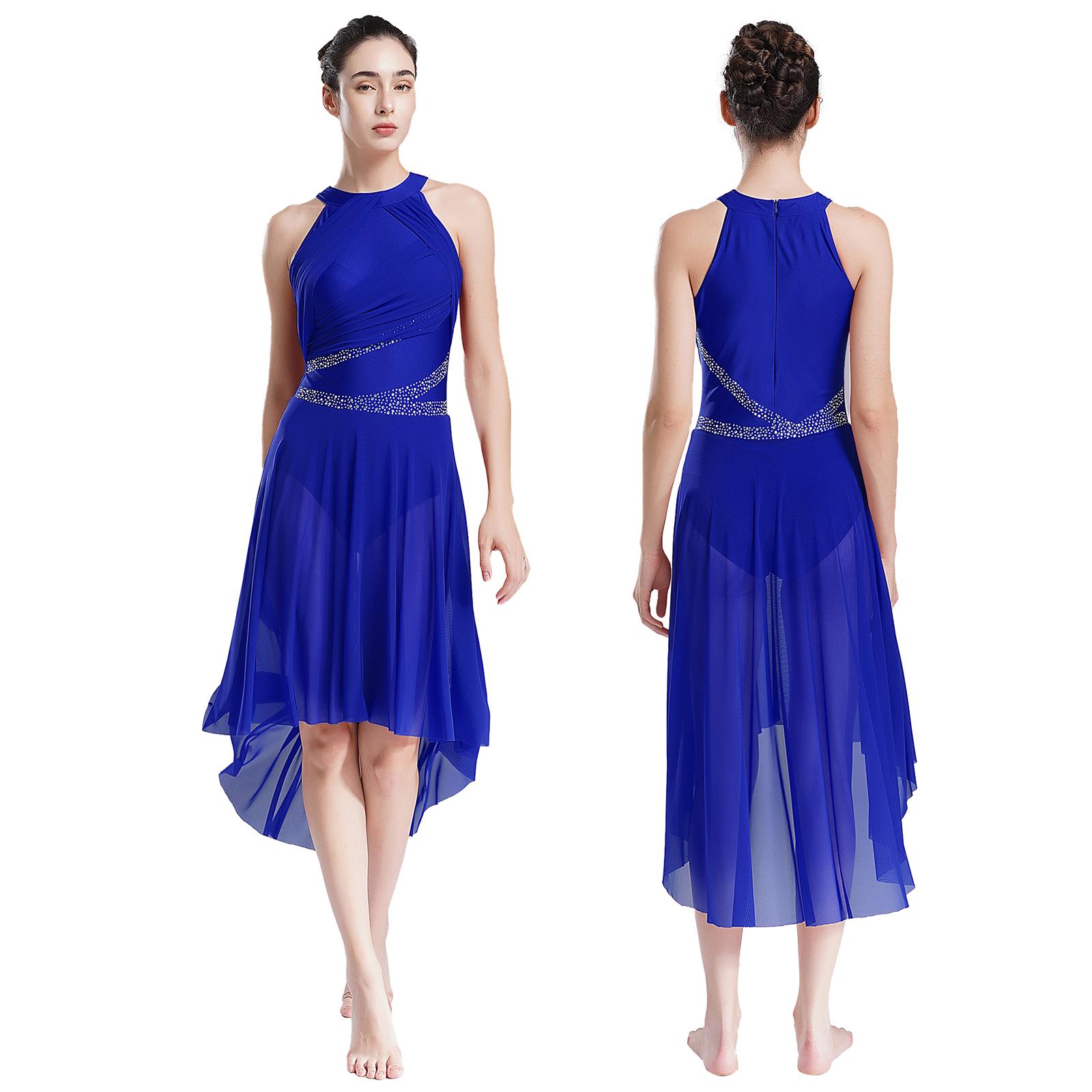 Yunduantong-electronic Dames Lyrical Ballet Ballroom Dans Leotard Danskleding Glinsterende Strass Gerimpelde Moderne Jurk Kunstrijden Gymnastiek Kostuum S blauw