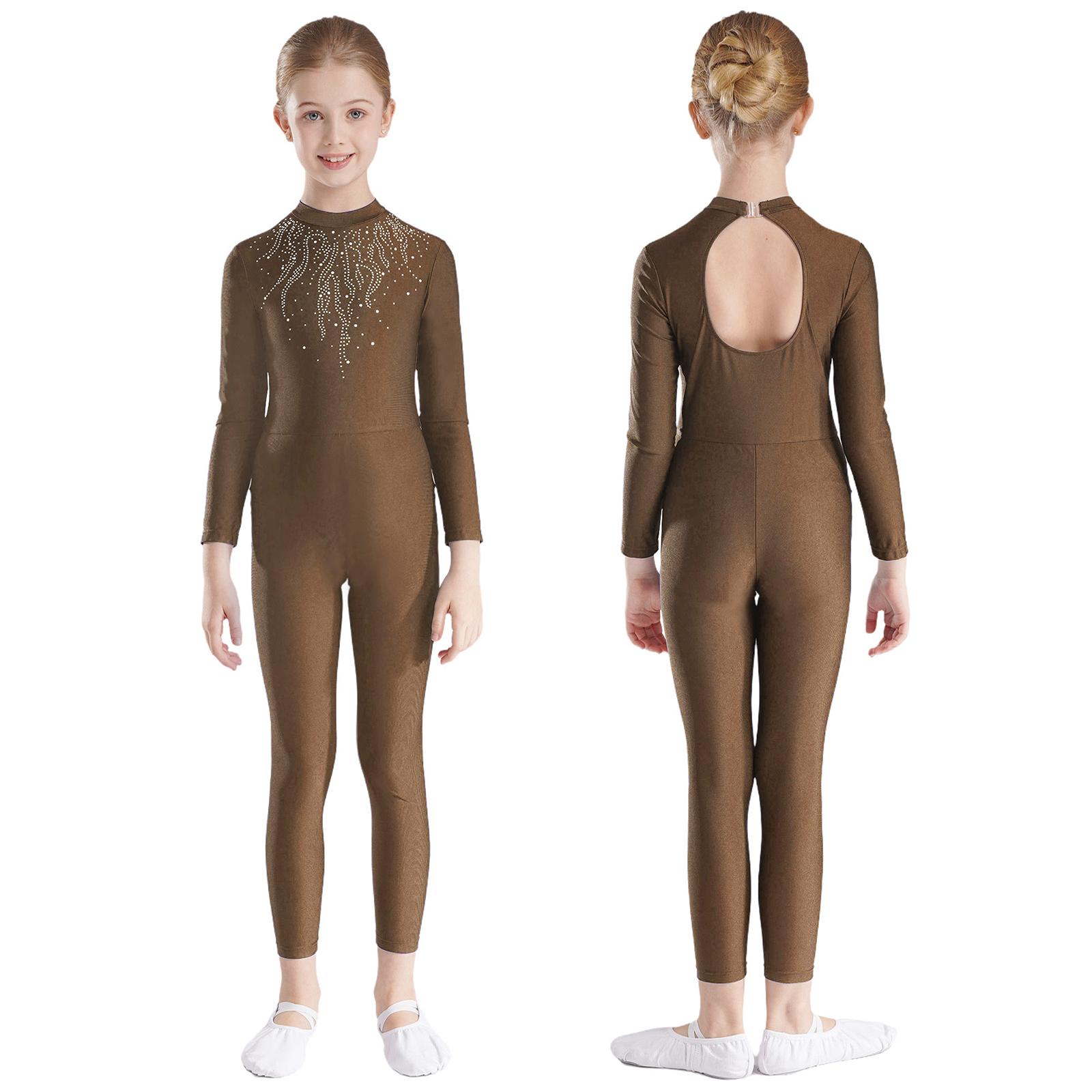 Yunduantong-electronic Girls Rhinestones Decor Long Sleeve Jumpsuit for Ballet Gymnastics Acrobatics Yoga Workout Full Body Stretch Figure Skating Unitard 13-14 Years