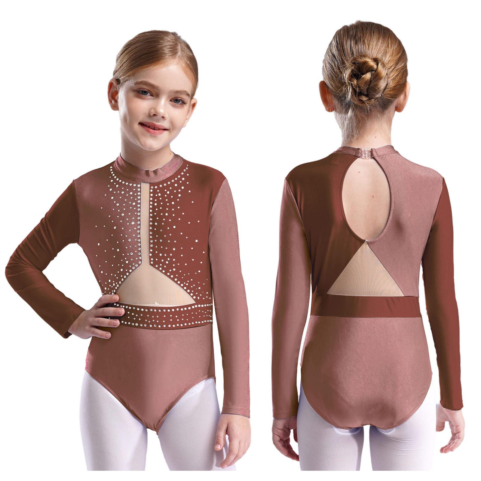 WinYing Meisjes gymnastiek turnpakje kunstschaatsen ballet turnpakje lange mouwen strass mesh jumpsuit danskleding jazzdans bodysuit latin danskostuum 7-8 Years bruin