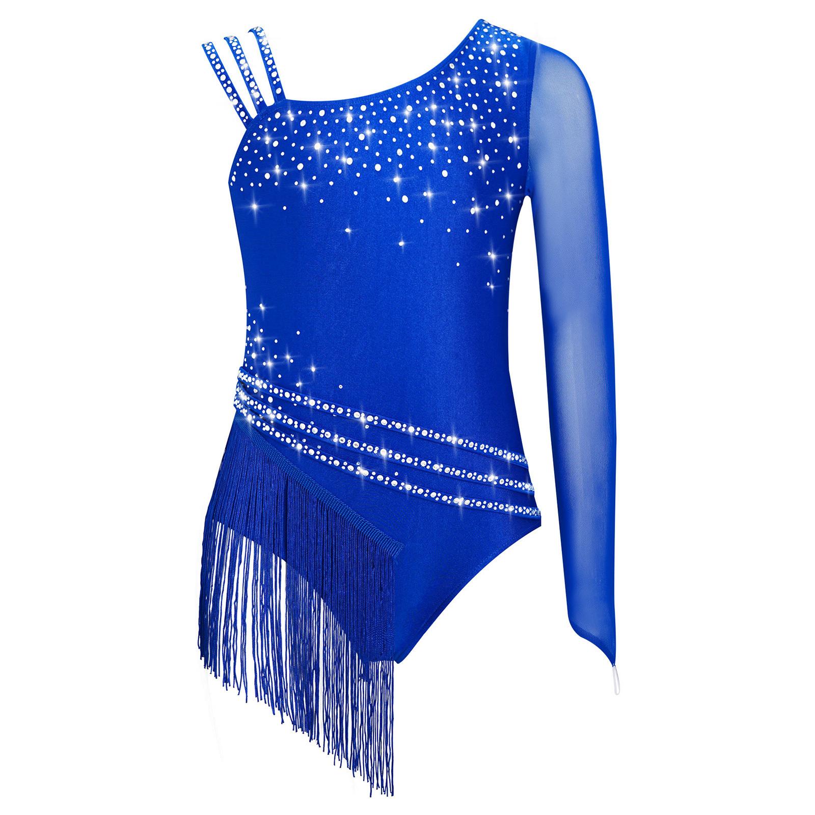 Inlzdz Meisjes glitterend strass franje leotard body met onregelmatige kwastjes voor schaatsen danswedstrijden 7-8 Years blauw